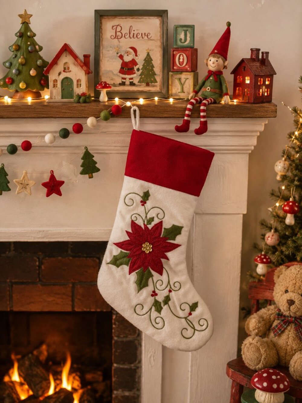 Poinsettia Christmas Stocking – Heavy Fleece Embroidered Holiday Stocking 18”